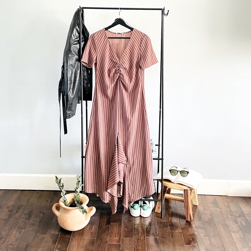 Zara| Ruched V-Neck Striped Midi Dress